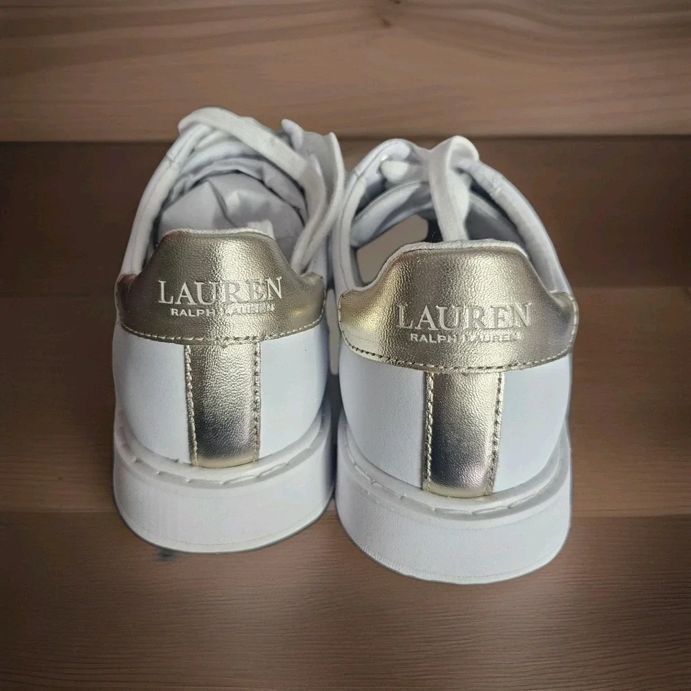 Polo Lauren‎ Ralph Lauren Women's Angeline White/Gold LOGO Sneakers 10B NIB RARE